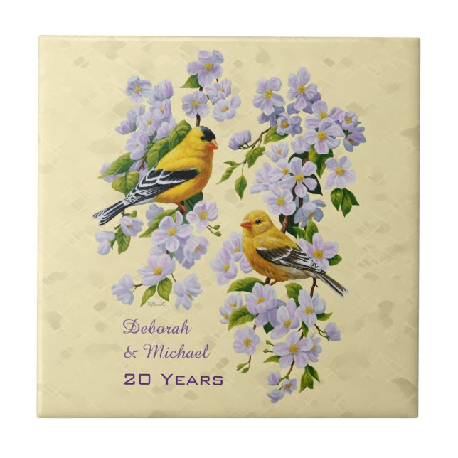 Gulten guld Finches & Apple Blommar Kakelplatta (Framsidan)