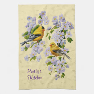 Gulten guld Finches & Apple Blommar Kökshandduk