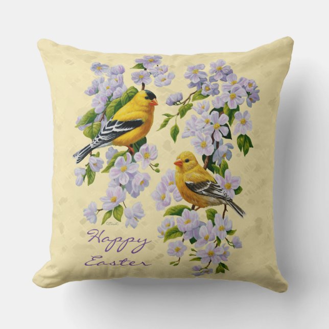 Gulten guld Finches & Apple Blommar Kudde (Framsida)