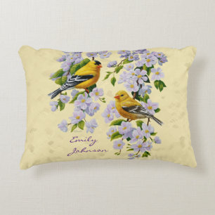 Gulten guld Finches & Apple Blommar Prydnadskudde
