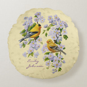 Gulten guld Finches & Apple Blommar Rund Kudde