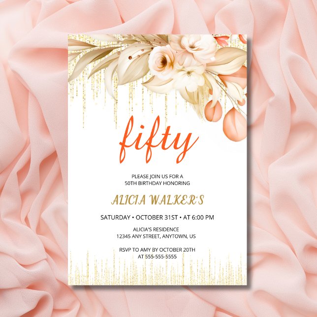 Gulten guld Glitter Orange Flower Birday Inbjudningar (Skapare uppladdad)