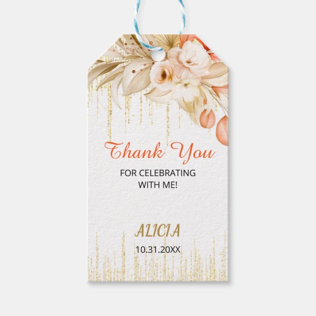 Gulten guld Glitter Orange Flower Birday Presentetikett (Framsidan)