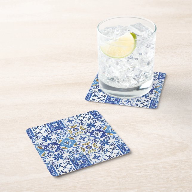 Gulten Mediterranean Moroccan Mosaic Tiles Blue Underlägg Papper Kvadrat (Insitu)