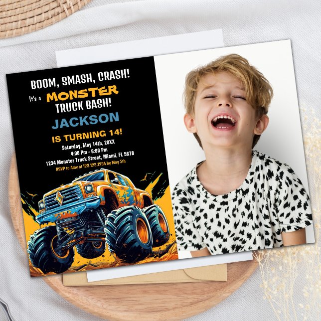 Gulten Monster Lastbil Birthday Inbjudan Foto (Monster Truck Birthday Invitations Photo Yellow)