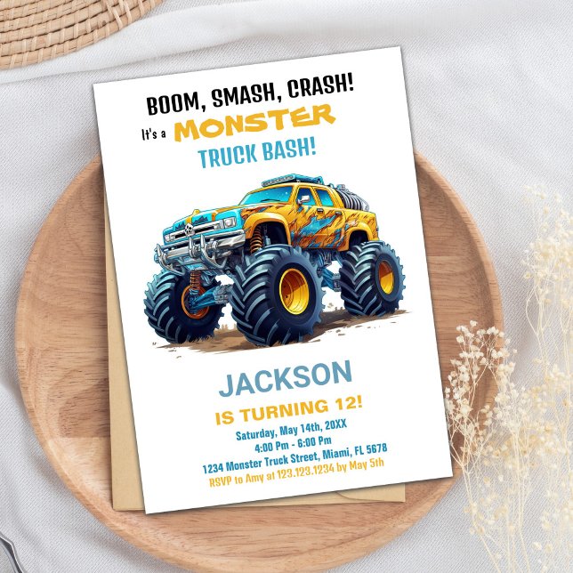 Gulten Monster Lastbil Birthday Investigations Inbjudningar (Monster Truck Birthday Invitations Yellow)