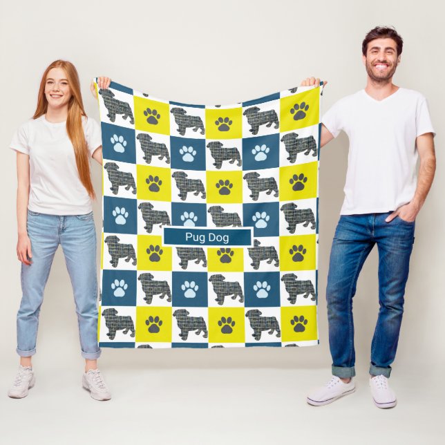 Gulten Pug Pet Hund & Paw Print Grid Silhouette Fleecefilt (På plats)