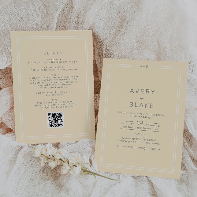 GULTEN QR-kod Bröllop i den enkla Neutralten Butte Inbjudningar (AVERY Simple Neutral Butter Yellow QR Code Wedding Invitation)