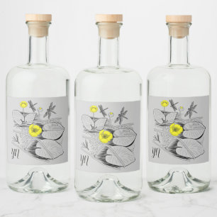 gulten Vatten-lilies som graverar svart grafik Spritflaskor Etikett