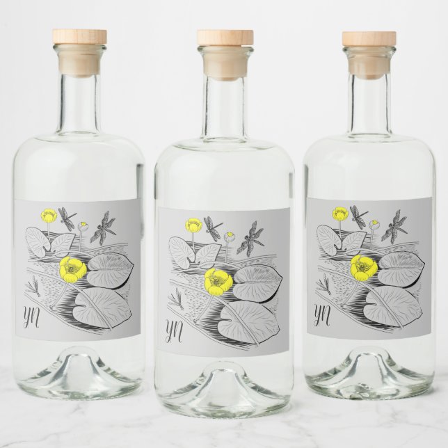gulten Vatten-lilies som graverar svart grafik Spritflaskor Etikett (Flaskor)