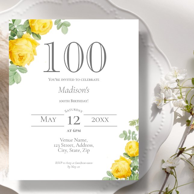 Gultens Blommigt | 100:e födelsedag Budgetinbjudan (Skapare uppladdad)