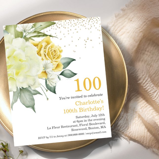 Gultens Blommigt 100:e inbjudan till födelsedag (Skapare uppladdad)