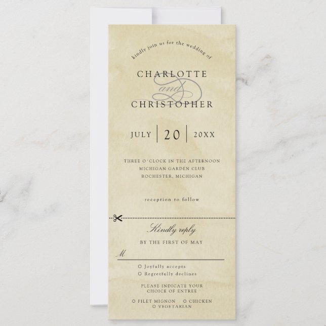 Gultens inbjudan till vattenfärgsbröllop med osa (Framsida)