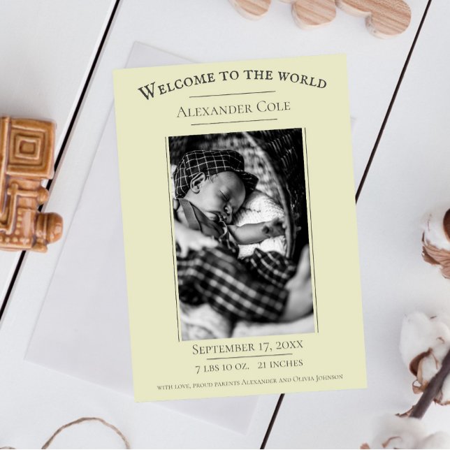 Gultens minimalistiska meddelande om fotofödelse (Yellow Minimalist Photo Birth Announcement)