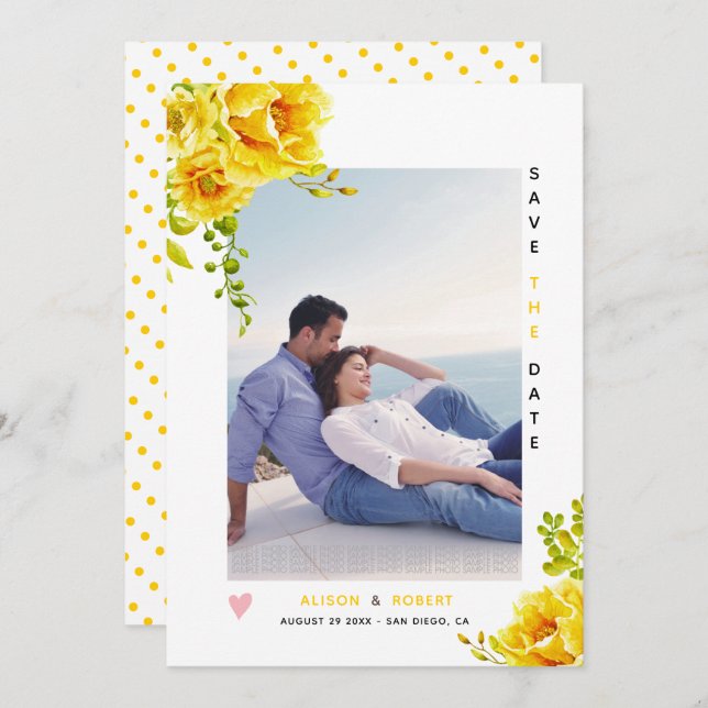 Gultens vattenfärgblommor, grönt löv och foto spara datumet (Fram/baksida)