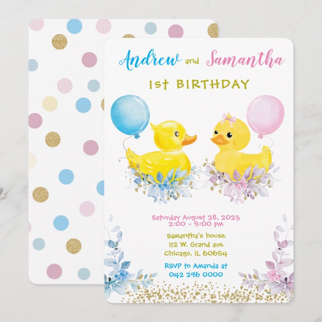 Gummand Första Födelsedagskort för Tvillingar Inbjudningar (Fram/baksida)