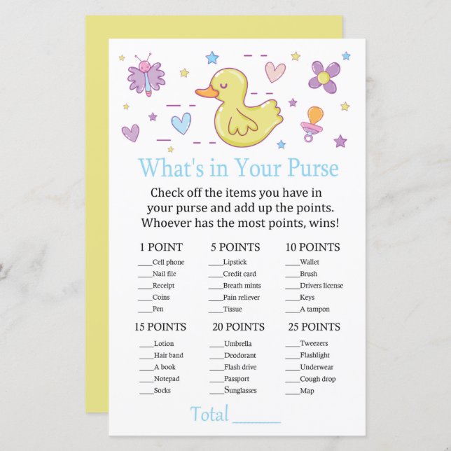 Gummand Vad finns i din handväska spel (Fram/baksida)