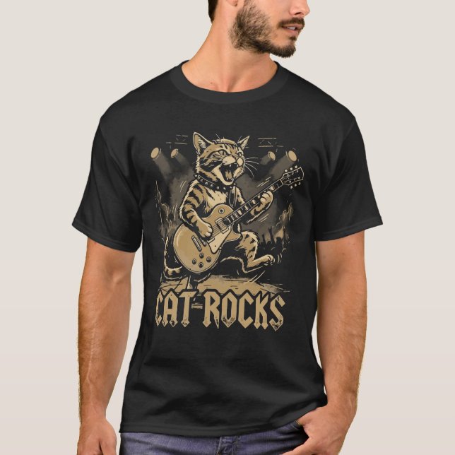 Gungande kattgitarr Rollig musik Djurdesign T Shirt (Framsida)