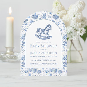 Gunghäst Babypojke Shower Blå och Vit Båge Inbjudningar