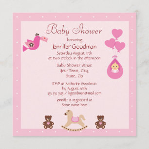 Gunghäst & Nallebjörnar Rosa Bebis Shower Inbjudningar
