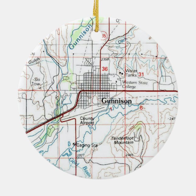 Gunnison CO Topo Karta Julgransprydnad Keramik (Baksidan)