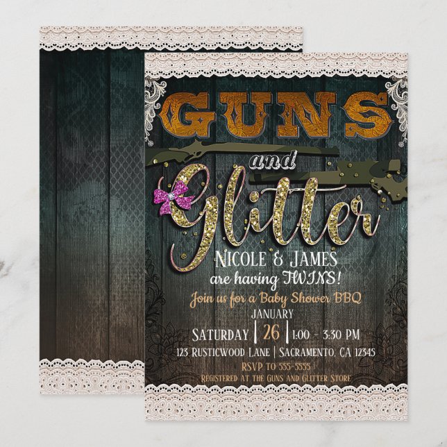 GUNS OCH GLITTER Wood Snöre Rustic Baby Shower Inbjudningar (Fram/baksida)