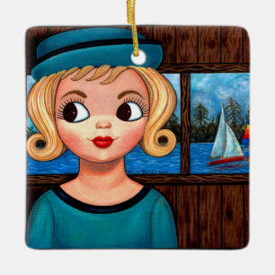 Guogly Girl Sailor Head Vas Sailboat Cute Stort ög Julgransprydnad Keramik