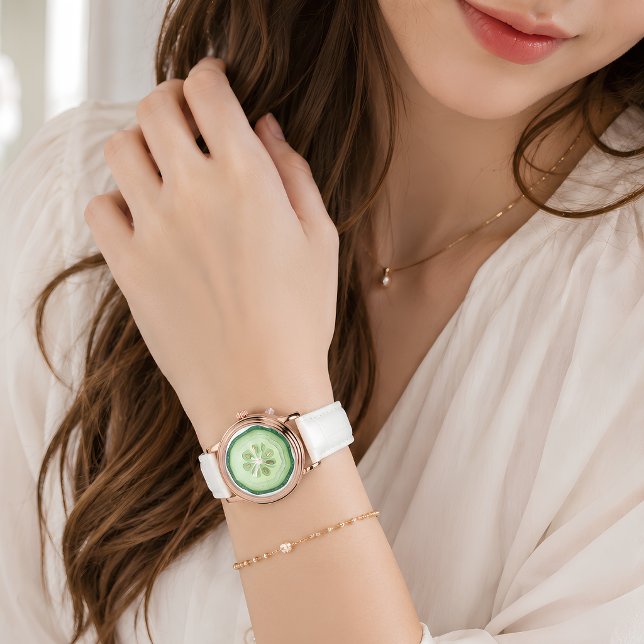 Gurksnibb Rosa Guld Vitt Läder Armbandsur (Cucumber Slice Rose Gold White Leather Watch)