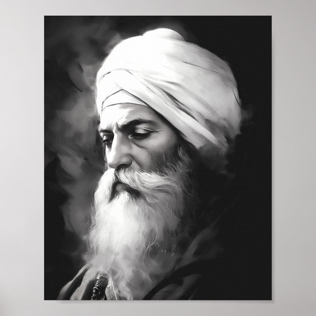 Guru Nanak Porträtt - Black and White Sikh Poster (Framsidan)