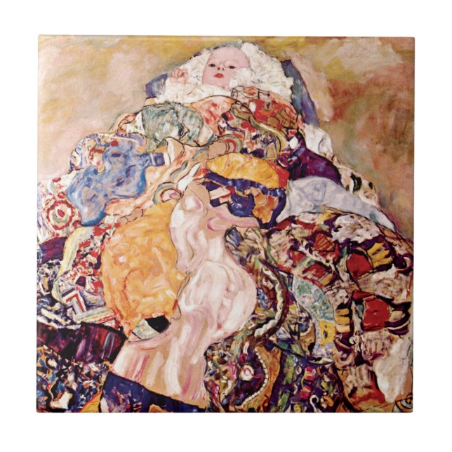 Gustav Klimt - Baby-vaggan - nyfödd Kakelplatta (Framsidan)