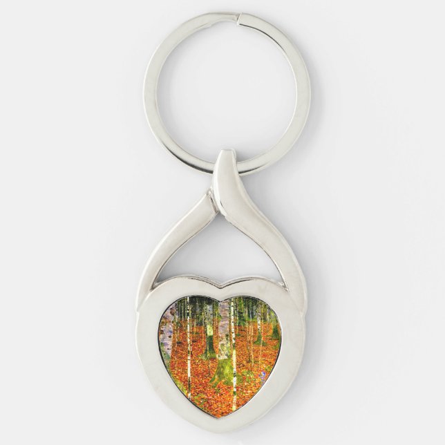 Gustav Klimt Birch Träd Twisted Heart Silverfärgad Nyckelring (Framsidan)