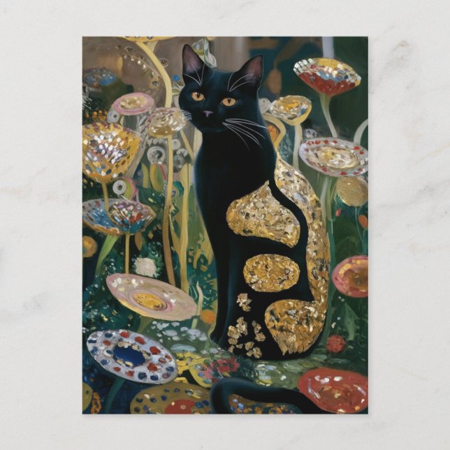 Gustav Klimt Black Cat I en Blomsterträdgård, CAT  Vykort (Framsida)