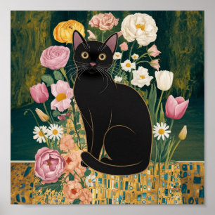Gustav Klimt Black Cat I en Blomsterträdgård, Katt Poster