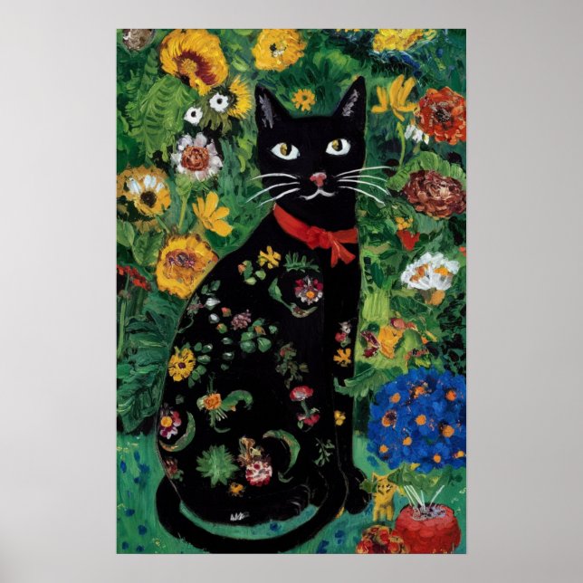 Gustav Klimt Black Cat I en Blomsterträdgård, Katt Poster (Framsidan)