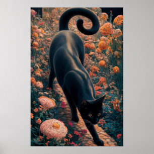 Gustav Klimt Black Cat I en Blomsterträdgård, Katt Poster
