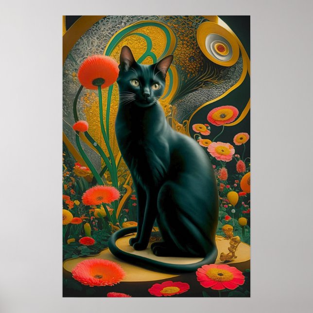 Gustav Klimt Black Cat I en Blomsterträdgård, Katt Poster (Framsidan)