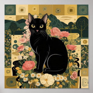 Gustav Klimt Black Cat I en Blomsterträdgård, Katt Poster