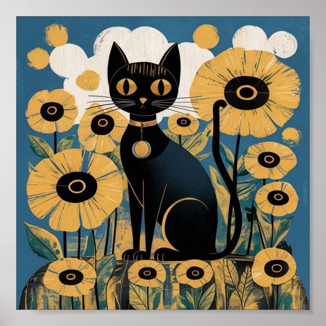 Gustav Klimt Black Cat I en Blomsterträdgård, Katt Poster (Framsidan)