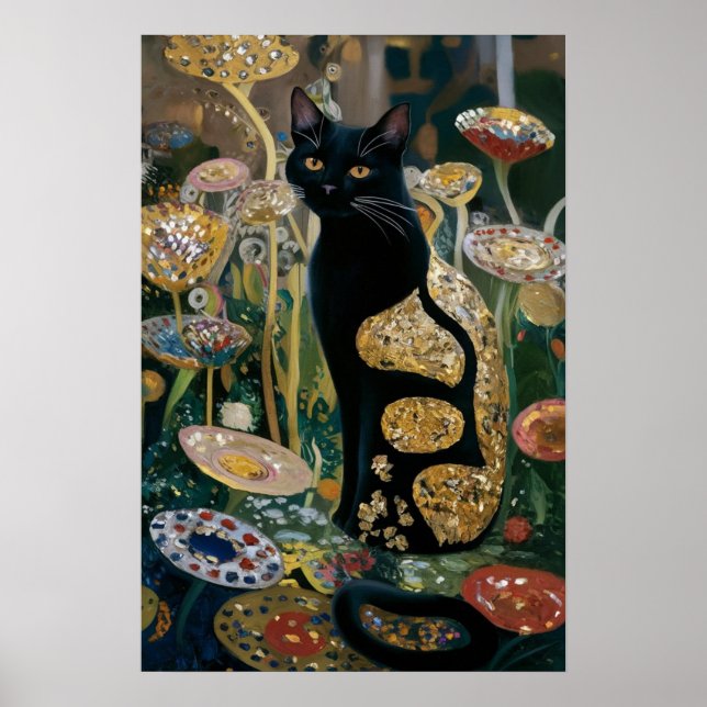 Gustav Klimt Black Cat I en Blomsterträdgård, Katt Poster (Framsidan)