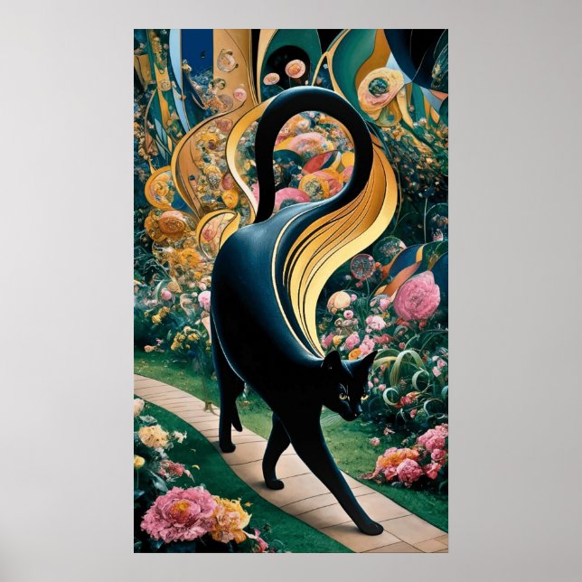 Gustav Klimt Black Cat I en Blomsterträdgård, Katt Poster (Framsidan)