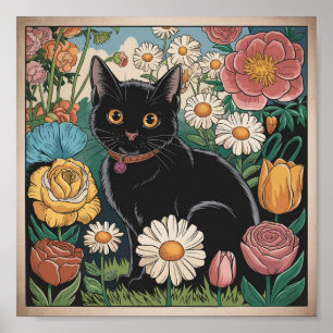 Gustav Klimt Black Cat I en Blomsterträdgård, Katt Poster