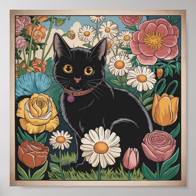 Gustav Klimt Black Cat I en Blomsterträdgård, Katt Poster (Framsidan)