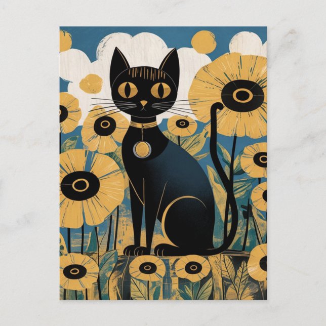 Gustav Klimt Black Cat I en Blomsterträdgård, Katt Vykort (Framsida)
