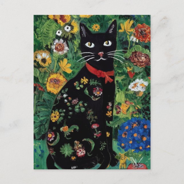 Gustav Klimt Black Cat I en Blomsterträdgård, Katt Vykort (Framsida)