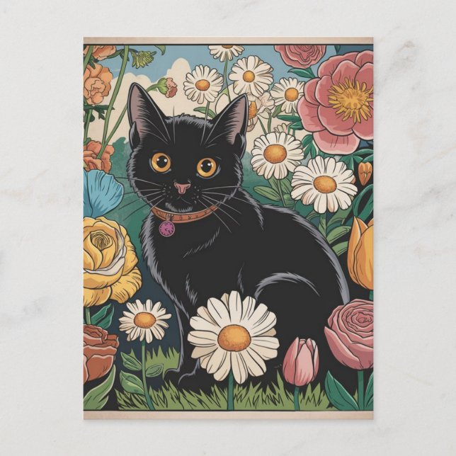 Gustav Klimt Black Cat I en Blomsterträdgård, Katt Vykort (Framsida)