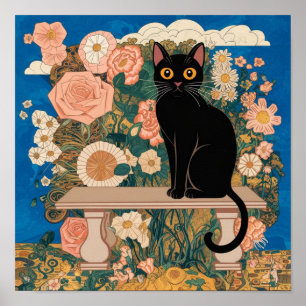 Gustav Klimt Blommig Svart Katt Förändrad Vintagek Poster
