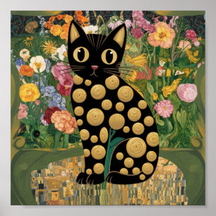 Gustav Klimt Blommig Svart Katt Modern Eklektisk K Poster