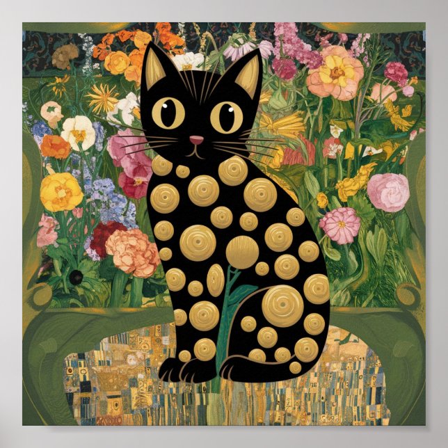 Gustav Klimt Blommigt Black Cat Modern Eclectic Ar Poster (Framsidan)