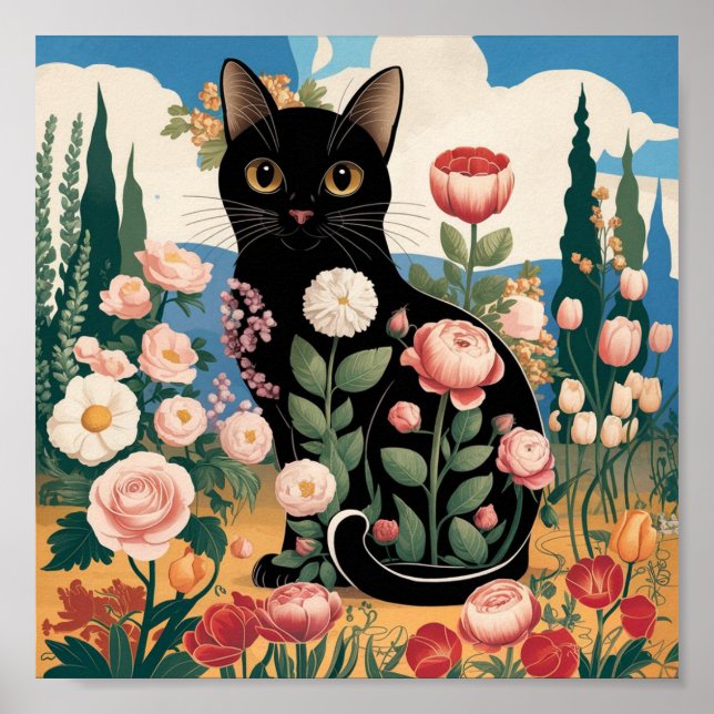 Gustav Klimt Blommigt Black Cat Modern Eclectic Ar Poster (Framsidan)