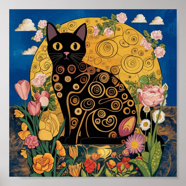 Gustav Klimt Blommigt Black Cat, Modern ectic Art Poster (Framsidan)